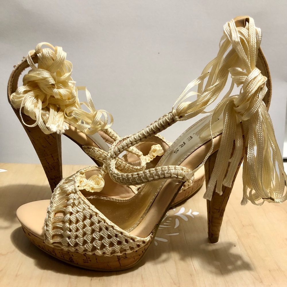Bakers Lace Up Blush Colored Open Toed Heels